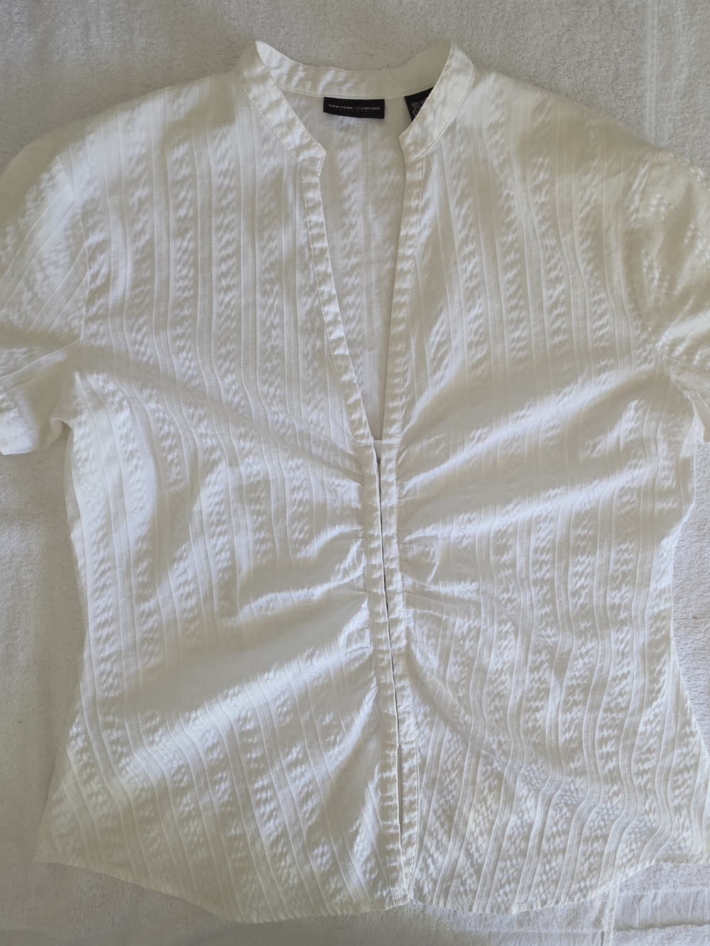 New York & Company White Pintuck Stretch Button-Up Blouse